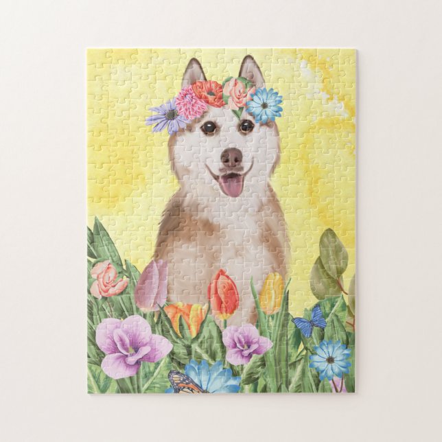 Puzzle Perro Husky Siberiano con primavera de flores (Vertical)