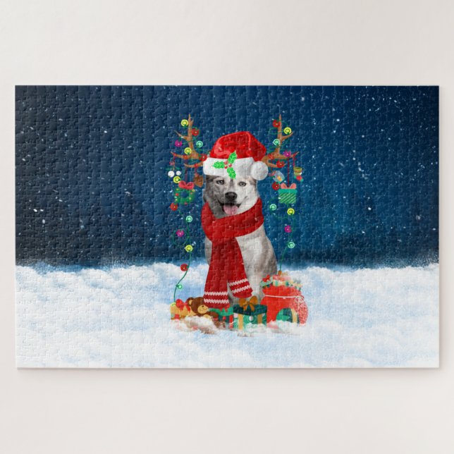 Puzzle Perro Husky siberiano con regalos de Navidad (Horizontal)