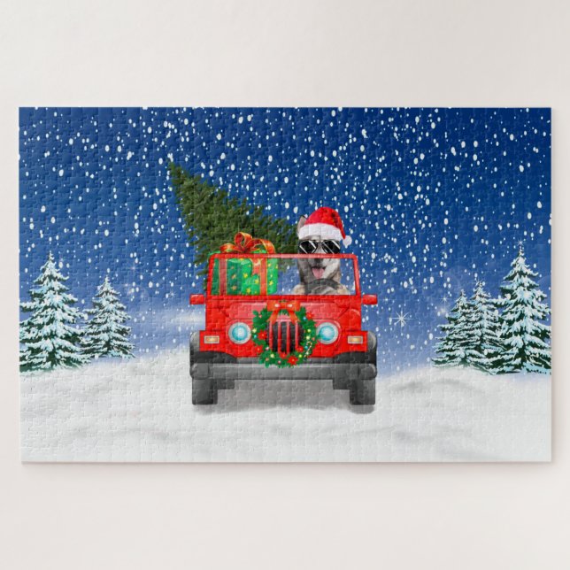 Puzzle Perro Husky siberiano con regalos de Navidad (Horizontal)