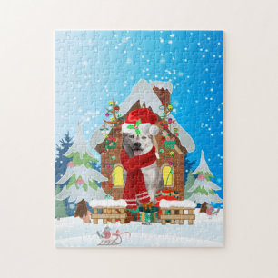 Puzzle Perro Husky siberiano con regalos de Navidades