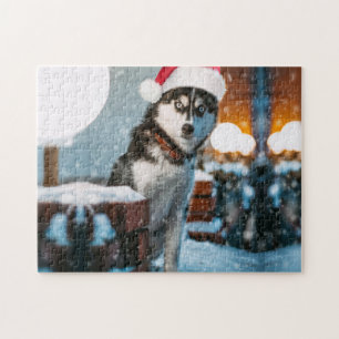 Puzzle Perro Husky siberiano con sombrero santa