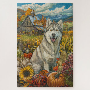 Puzzle Perro Husky Siberiano Cosecha de Otoño Día de Acci