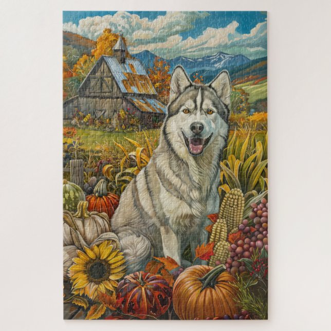 Puzzle Perro Husky Siberiano Cosecha de Otoño Día de Acci (Vertical)