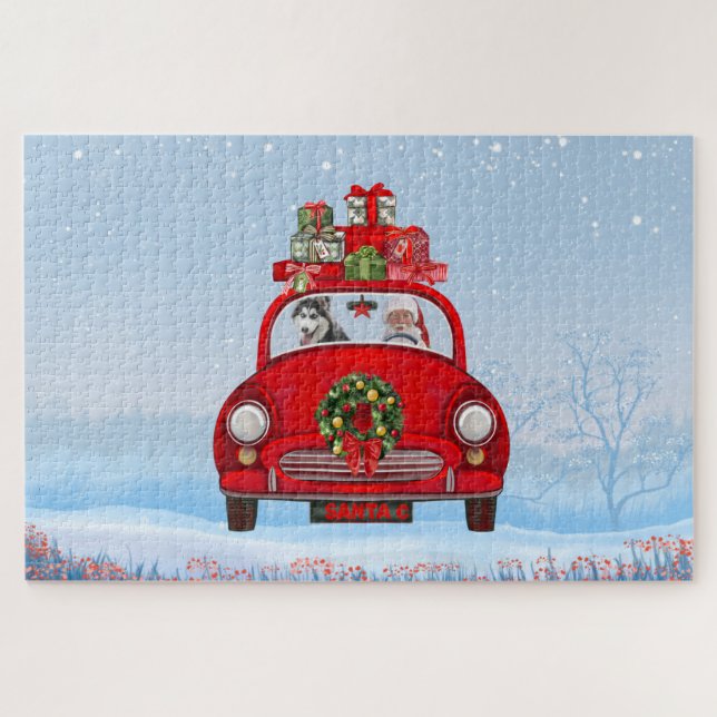 Puzzle Perro Husky Siberiano En Coche Con Papá Noel (Horizontal)