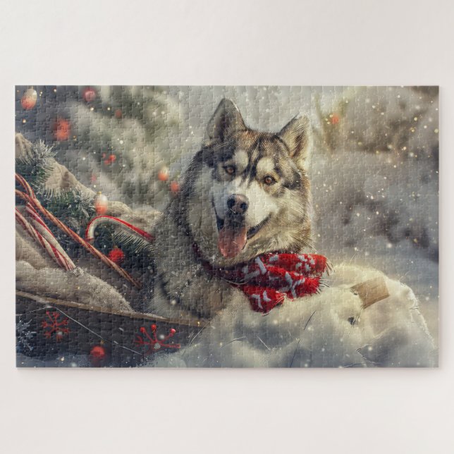 Puzzle Perro Husky Siberiano Festivo de Navidad (Horizontal)