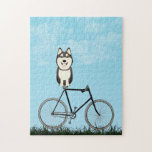 Puzzle Perro Husky Siberiano sentado en bicicleta vieja<br><div class="desc">Rompecabezas con un adorable Husky sentado en una bicicleta anticuada en un día azul de verano.</div>