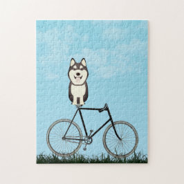 Puzzle Perro Husky Siberiano sentado en bicicleta vieja