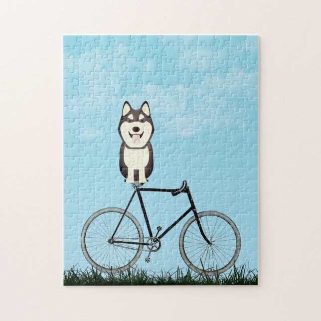 Puzzle Perro Husky Siberiano sentado en bicicleta vieja (Vertical)