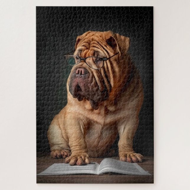 Puzzle Perro inteligente Shar Pei con diseño de libros (Vertical)