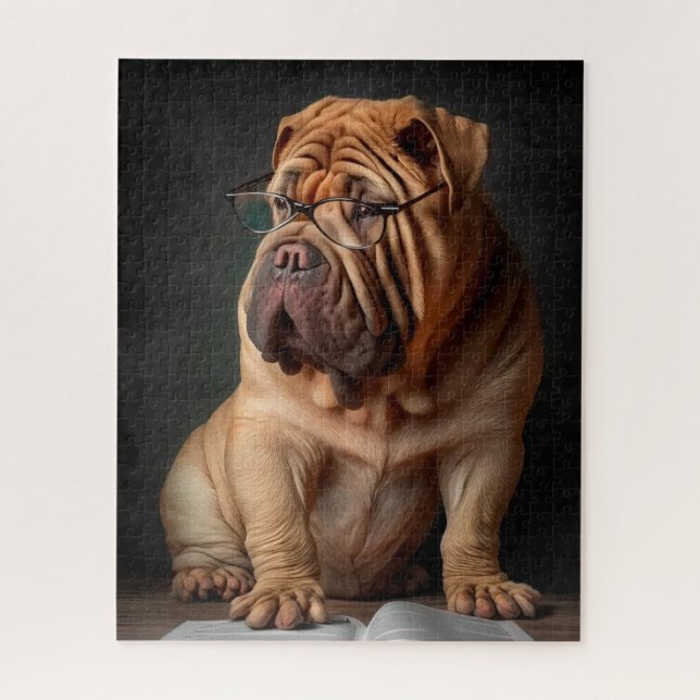 Puzzle Perro inteligente Shar Pei con diseño de libros (Vertical)