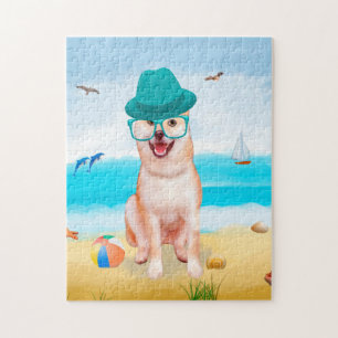 Puzzle Perro Inu Shiba en la playa