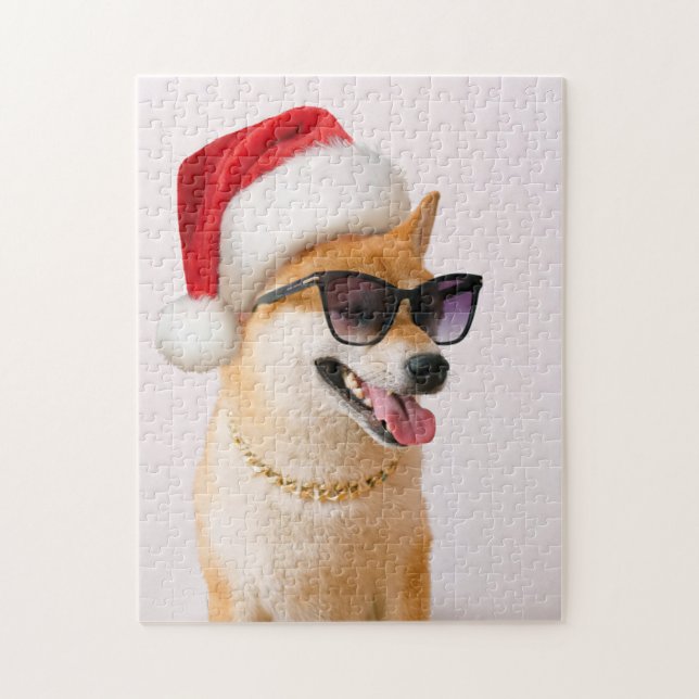 Puzzle Perro inu shiba en Santa Claus gorras rojos (Vertical)