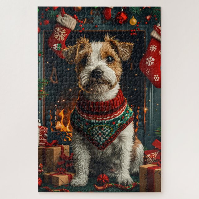 Puzzle Perro Jack Russell con regalos de Navidad junto a  (Vertical)