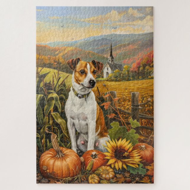 Puzzle Perro Jack Russell Cosecha de Otoño Día de Acción  (Vertical)