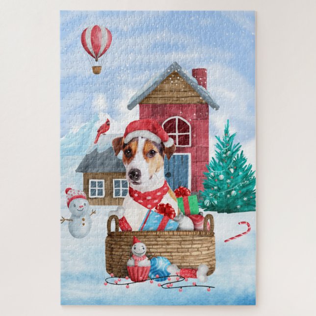 Puzzle Perro Jack Russell en casa de Navidad con nieve (Vertical)