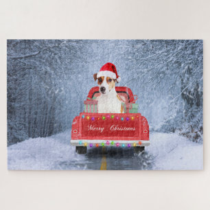 Puzzle Perro Jack Russell en la nieve sentado en Navidad 