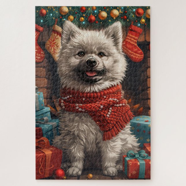 Puzzle Perro Keeshond Con Chimenea De Regalos Navidades (Vertical)