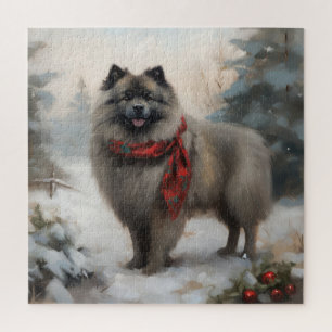 Puzzle Perro Keeshond en Navidades de nieve