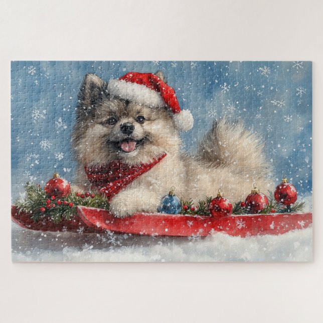 Puzzle Perro Keeshond en Trineo Deja que Nieve Navidad (Horizontal)