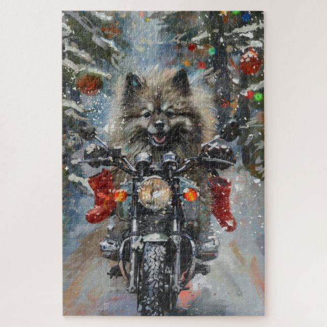 Puzzle Perro Keeshond montando motocicleta Navidad (Vertical)