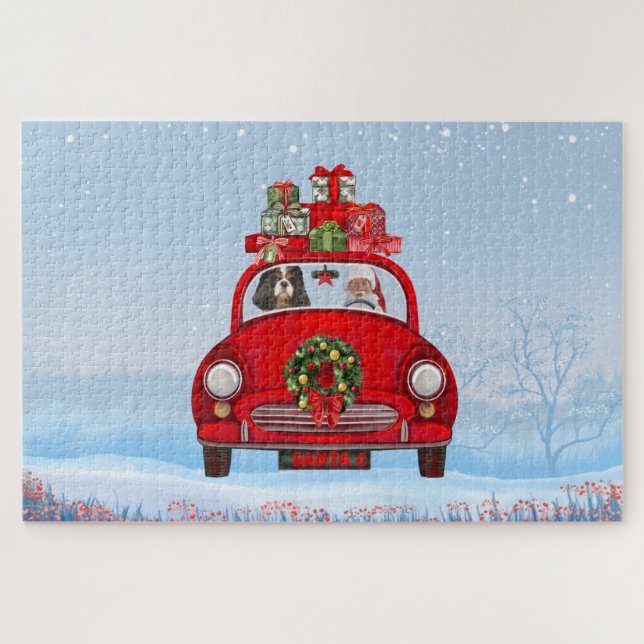 Puzzle Perro King Cavalier en coche con Papá Noel (Horizontal)
