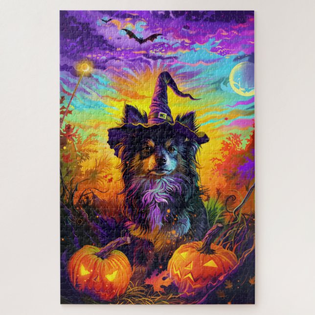 Puzzle Perro Lapphund Finlandés Halloween Bruja Y Calabaz (Vertical)