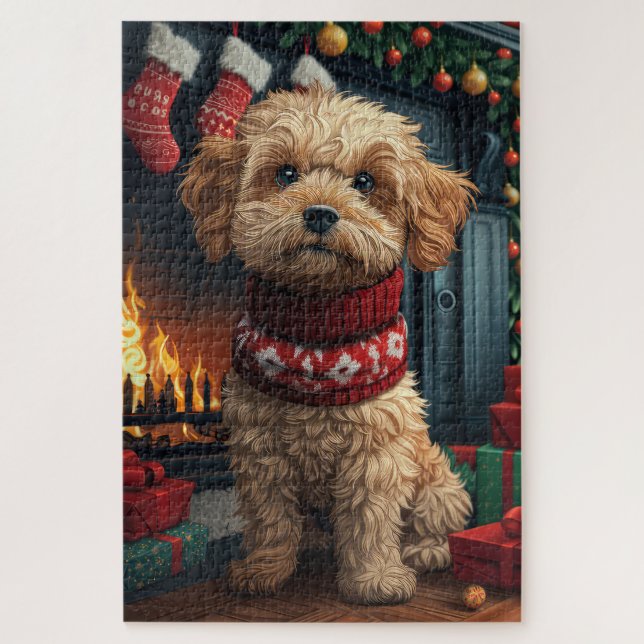 Puzzle Perro Lhasa Apso con regalos de Navidad Chimenea (Vertical)
