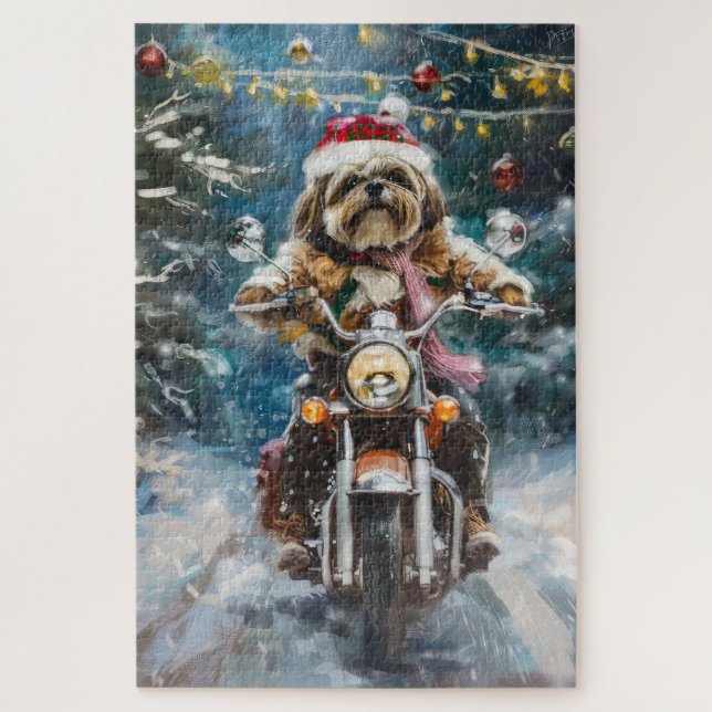 Puzzle Perro Lhasa Apso montando motocicleta Navidad (Vertical)