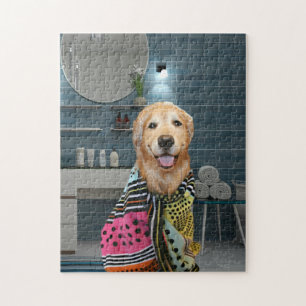 Puzzle Perro lindo del golden retriever en cuarto de bañ