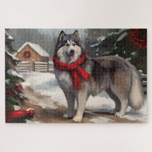 Puzzle Perro malamute de Alaska en Navidades de nieve
