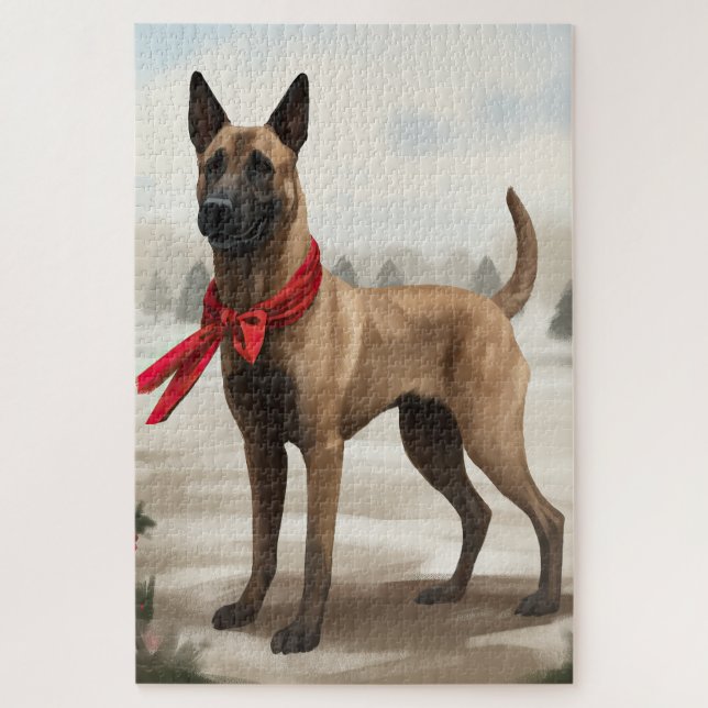 Puzzle Perro Malinois Belga en Navidad con Nieve (Vertical)