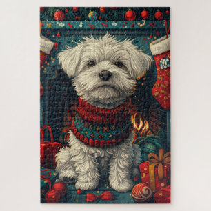 Puzzle Perro maltés con chimenea de regalos para Navidade