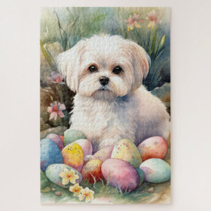 Puzzle Perro maltés con festividad de huevos de Pascua