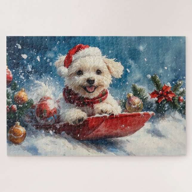 Puzzle Perro maltés con manchas deja que nieve Navidades (Horizontal)