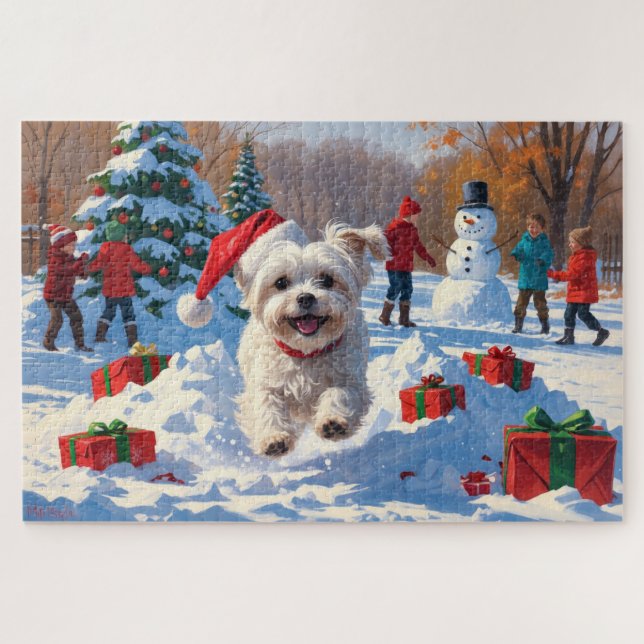 Puzzle Perro maltés corriendo en la nieve con sombrero de (Horizontal)