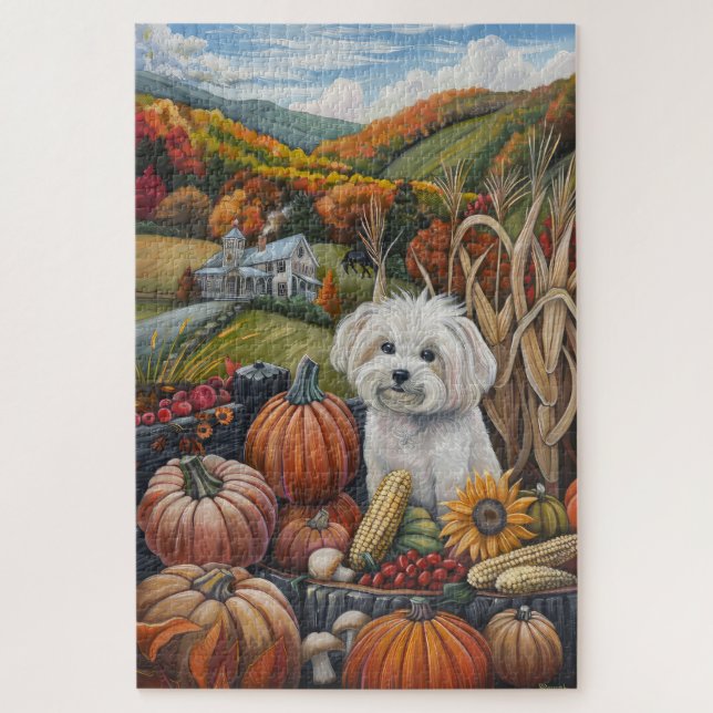 Puzzle Perro Maltés Cosecha de Otoño Día de Acción de Gra (Vertical)