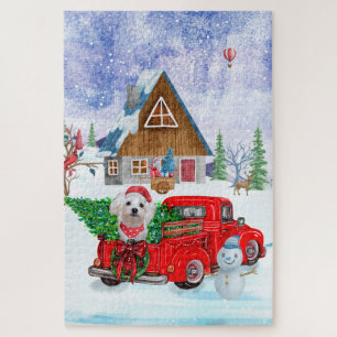 Puzzle Perro maltés en camión de entrega de Navidad nieve