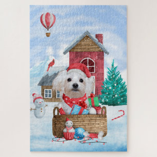 Puzzle Perro maltés en casa de Navidad con nieve