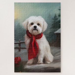 Puzzle Perro maltés en Navidad con nieve 