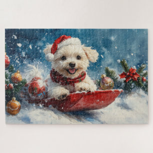 Puzzle Perro maltés en trineo Deja que nieve Navidad