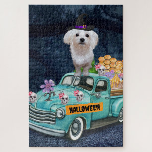 Puzzle Perro maltés Halloween camión noche aterradora