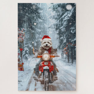 Puzzle Perro Maltés montando motocicleta en Navidad