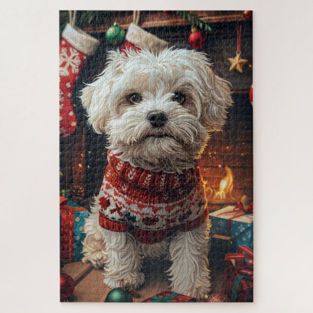 Puzzle Perro Malti Tzu Con Chimenea De Regalos Navidades (Vertical)