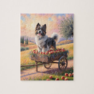 Puzzle Perro montañés suizo parado en carreta de manzanas