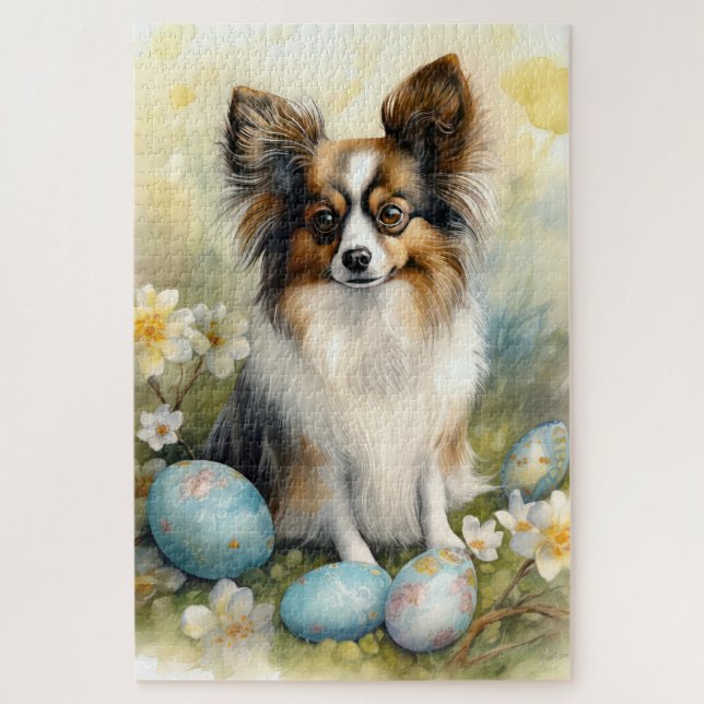 Puzzle Perro Papillon con festividad de huevos de Pascua (Vertical)