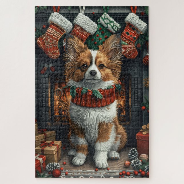 Puzzle Perro Papillon con regalos de Navidad Chimenea (Vertical)