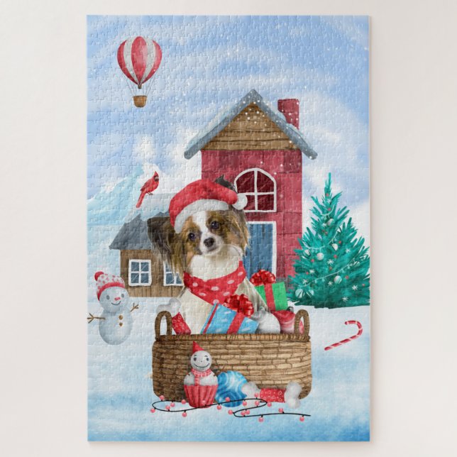 Puzzle Perro Papillon en casa de Navidad con nieve (Vertical)