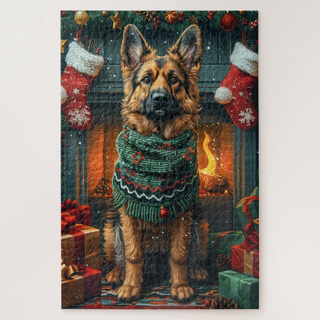 Puzzle Perro pastor alemán con chimenea de regalos de Nav (Vertical)