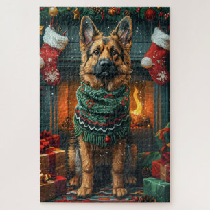Puzzle Perro pastor alemán con regalos de Navidad chimene