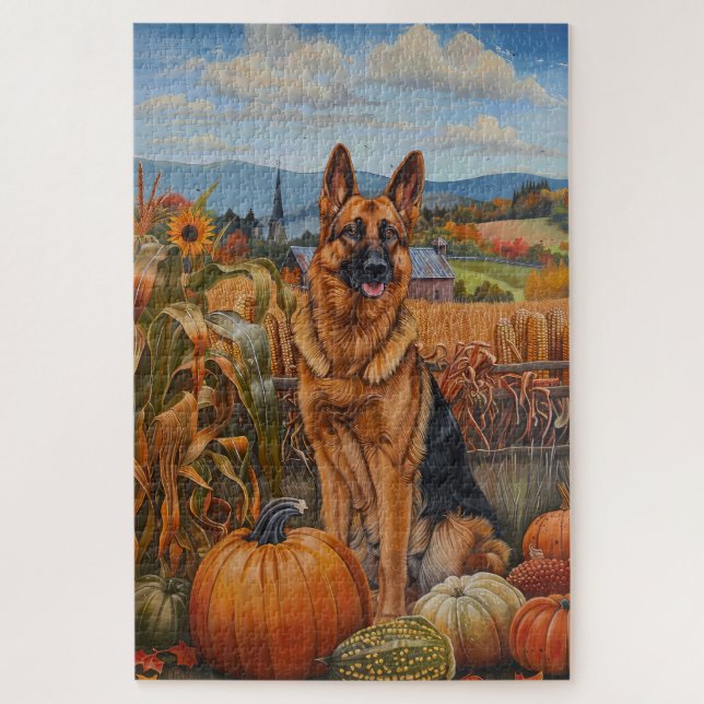 Puzzle Perro Pastor Alemán Cosecha de Otoño Día de Acción (Vertical)